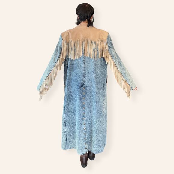 VTG Western Heavy Weight Acid Washed Denim Trench w/ Leather Fringe USA Made XL - Picture 7 of 16